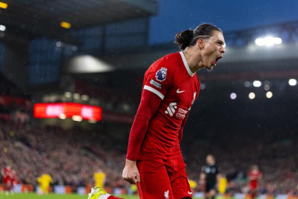  Liverpool's Darwin Núñez celebrates after scoring the first goal during the FA Premier League match between Liverpool FC and Sheffield United FC at Anfield. (Photo by David Rawcliffe/Propaganda)