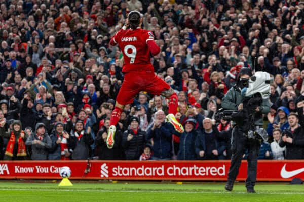 LIVERPOOL, ENGLAND - Thursday, April 4, 2024: Liverpool's Darwin Núñez celebrates after scoring the first goal during the FA Premier League match between Liverpool FC and Sheffield United FC at Anfield. (Photo by David Rawcliffe/Propaganda)