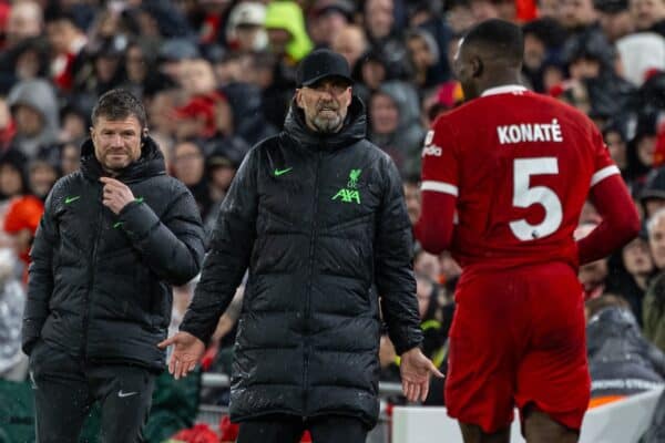 LIVERPOOL, ENGLAND - Thursday, April 4, 2024: Liverpool's manager Jürgen Klopp and Ibrahima Konaté during the FA Premier League match between Liverpool FC and Sheffield United FC at Anfield. (Photo by David Rawcliffe/Propaganda)