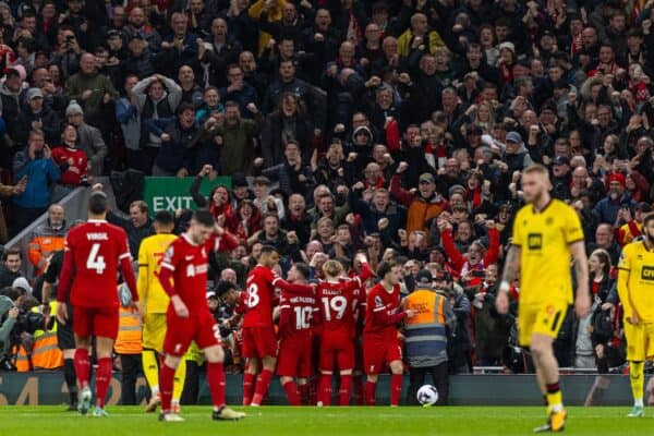 LIVERPOOL, ENGLAND - Thursday, April 4, 2024: Liverpool's Alexis Mac Allister celebrates after scoring the second goal during the FA Premier League match between Liverpool FC and Sheffield United FC at Anfield. (Photo by David Rawcliffe/Propaganda)