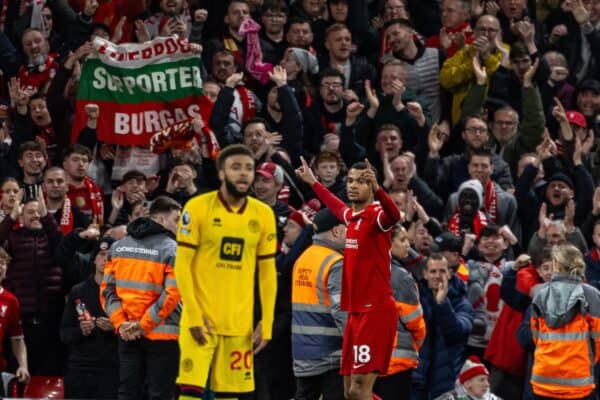 LIVERPOOL, ENGLAND - Thursday, April 4, 2024: Liverpool's Cody Gakpo celebrates after scoring the third goal during the FA Premier League match between Liverpool FC and Sheffield United FC at Anfield. (Photo by David Rawcliffe/Propaganda)