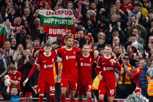 LIVERPOOL, ENGLAND - Thursday, April 4, 2024: Liverpool's Cody Gakpo celebrates after scoring the third goal during the FA Premier League match between Liverpool FC and Sheffield United FC at Anfield. (Photo by David Rawcliffe/Propaganda)