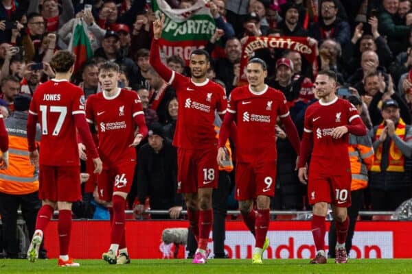 LIVERPOOL, ENGLAND - Thursday, April 4, 2024: Liverpool's Cody Gakpo celebrates after scoring the third goal during the FA Premier League match between Liverpool FC and Sheffield United FC at Anfield. (Photo by David Rawcliffe/Propaganda)