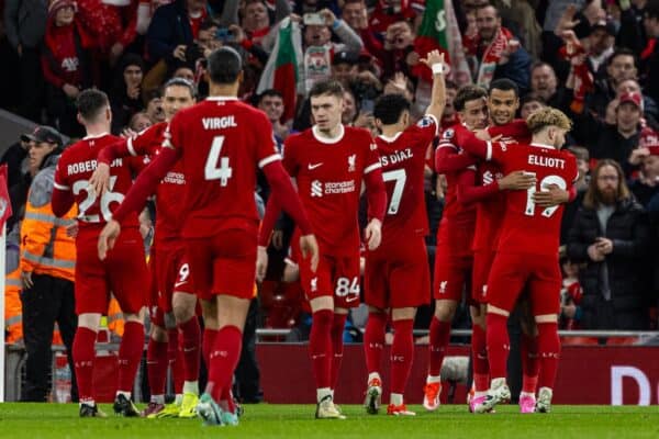 LIVERPOOL, ENGLAND - Thursday, April 4, 2024: Liverpool's Cody Gakpo (C) celebrates after scoring the third goal during the FA Premier League match between Liverpool FC and Sheffield United FC at Anfield. (Photo by David Rawcliffe/Propaganda)