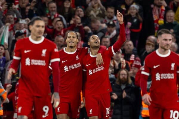 LIVERPOOL, ENGLAND - Thursday, April 4, 2024: Liverpool's Cody Gakpo (R) celebrates with Dutch team-mate captain Virgil van Dijk after scoring the third goal during the FA Premier League match between Liverpool FC and Sheffield United FC at Anfield. (Photo by David Rawcliffe/Propaganda)