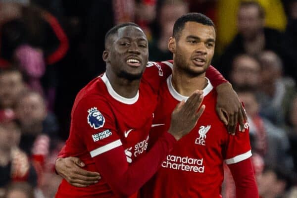 LIVERPOOL, ENGLAND - Thursday, April 4, 2024: Liverpool's Cody Gakpo (R) celebrates with mate Ibrahima Konaté after scoring the third goal during the FA Premier League match between Liverpool FC and Sheffield United FC at Anfield. (Photo by David Rawcliffe/Propaganda)