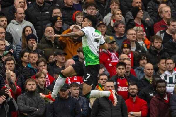 MANCHESTER, ENGLAND - Sunday, April 7, 2024: Liverpool's Luis Díaz celebrates after scoring the first goal during the FA Premier League match between Manchester United FC and Liverpool FC at Old Trafford. (Photo by David Rawcliffe/Propaganda)