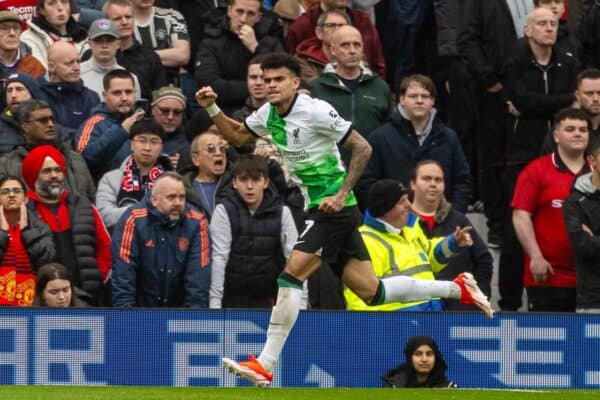 MANCHESTER, ENGLAND - Sunday, April 7, 2024: Liverpool's Luis Díaz celebrates after scoring the first goal during the FA Premier League match between Manchester United FC and Liverpool FC at Old Trafford. (Photo by David Rawcliffe/Propaganda)