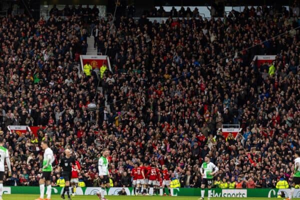 MANCHESTER, ENGLAND - Sunday, April 7, 2024: Manchester United players celebrate their side's equalising goal during the FA Premier League match between Manchester United FC and Liverpool FC at Old Trafford. (Photo by David Rawcliffe/Propaganda)