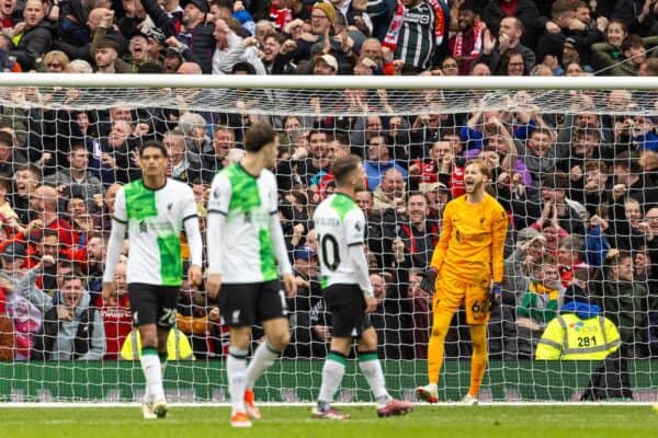 MANCHESTER, ENGLAND - Sunday, April 7, 2024: Liverpool's goalkeeper Caoimhin Kelleher reacts as Manchester United score a second goal during the FA Premier League match between Manchester United FC and Liverpool FC at Old Trafford. (Photo by David Rawcliffe/Propaganda)