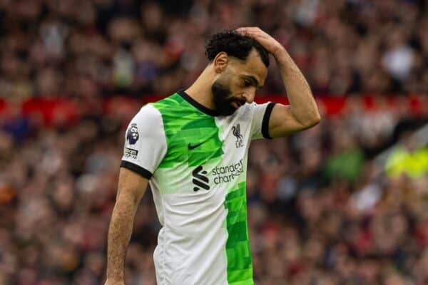 MANCHESTER, ENGLAND - Sunday, April 7, 2024: Liverpool's Mohamed Salah reacts after missing a chance during the FA Premier League match between Manchester United FC and Liverpool FC at Old Trafford. (Photo by David Rawcliffe/Propaganda)