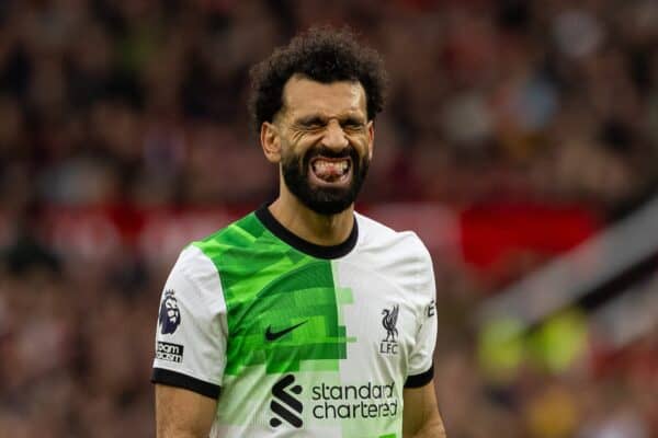 MANCHESTER, ENGLAND - Sunday, April 7, 2024: Liverpool's Mohamed Salah reacts after missing a chance during the FA Premier League match between Manchester United FC and Liverpool FC at Old Trafford. (Photo by David Rawcliffe/Propaganda)