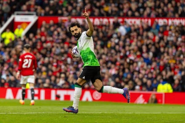 MANCHESTER, ENGLAND - Sunday, April 7, 2024: Liverpool's Mohamed Salah celebrates after scoring his side's second goal, from a penalty kick, during the FA Premier League match between Manchester United FC and Liverpool FC at Old Trafford. (Photo by David Rawcliffe/Propaganda)