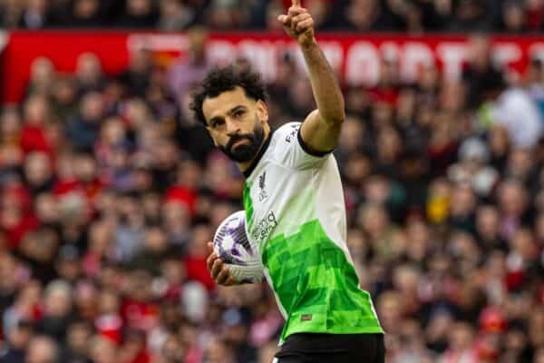 MANCHESTER, ENGLAND - Sunday, April 7, 2024: Liverpool's Mohamed Salah celebrates after scoring his side's second goal, from a penalty kick, during the FA Premier League match between Manchester United FC and Liverpool FC at Old Trafford. (Photo by David Rawcliffe/Propaganda)