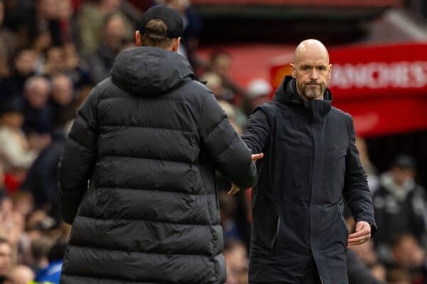 MANCHESTER, ENGLAND - Sunday, April 7, 2024: Manchester United's manager Erik ten Hag (R) shakes hands withLiverpool's manager Jürgen Klopp after the FA Premier League match between Manchester United FC and Liverpool FC at Old Trafford. The game ended in a 2-2 draw. (Photo by David Rawcliffe/Propaganda)