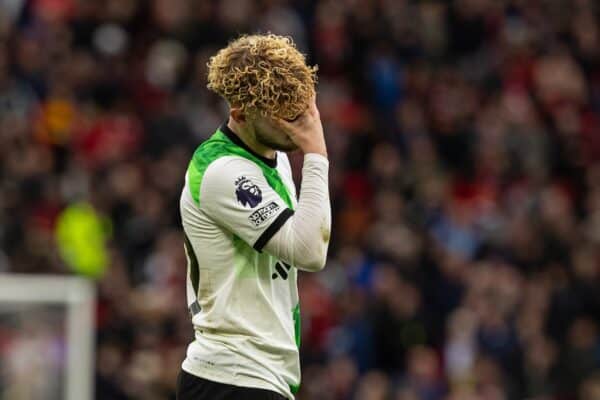 MANCHESTER, ENGLAND - Sunday, April 7, 2024: Liverpool's Harvey Elliott looks dejected after the FA Premier League match between Manchester United FC and Liverpool FC at Old Trafford. The game ended in a 2-2 draw.(Photo by David Rawcliffe/Propaganda)