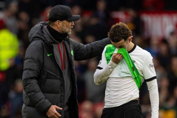 MANCHESTER, ENGLAND - Sunday, April 7, 2024: Liverpool's manager Jürgen Klopp (L) and Curtis Jones after the FA Premier League match between Manchester United FC and Liverpool FC at Old Trafford. The game ended in a 2-2 draw.(Photo by David Rawcliffe/Propaganda)