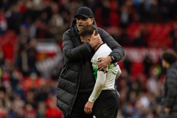MANCHESTER, ENGLAND - Sunday, April 7, 2024: Liverpool's manager Jürgen Klopp (L) and Alexis Mac Allister after the FA Premier League match between Manchester United FC and Liverpool FC at Old Trafford. The game ended in a 2-2 draw.(Photo by David Rawcliffe/Propaganda)