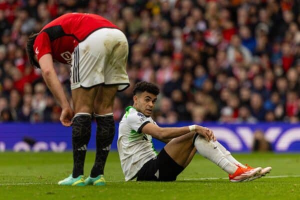 MANCHESTER, ENGLAND - Sunday, April 7, 2024: Liverpool's Luis Díaz reacts after missing a chance during the FA Premier League match between Manchester United FC and Liverpool FC at Old Trafford. (Photo by David Rawcliffe/Propaganda)