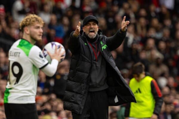 MANCHESTER, ENGLAND - Sunday, April 7, 2024: Liverpool's manager Jürgen Klopp reacts during the FA Premier League match between Manchester United FC and Liverpool FC at Old Trafford. (Photo by David Rawcliffe/Propaganda)