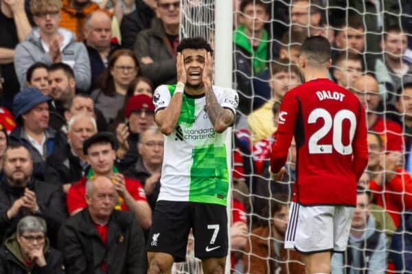 MANCHESTER, ENGLAND - Sunday, April 7, 2024: Liverpool's Luis Díaz reacts after missing a chance during the FA Premier League match between Manchester United FC and Liverpool FC at Old Trafford. (Photo by David Rawcliffe/Propaganda)