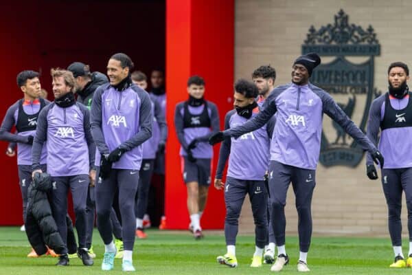 LIVERPOOL, ENGLAND - Wednesday, April 10, 2024: Liverpool's (L-R) captain Virgil van Dijk, Ibrahima Konaté and Joe Gomez during a training session at the AXA Training Centre ahead of the UEFA Europa League Quarter-Final 1st Leg match between Liverpool FC and BC Atalanda. (Photo by David Rawcliffe/Propaganda)