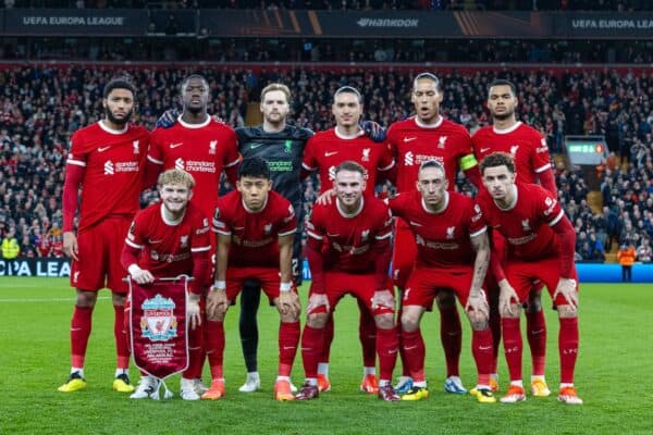 LIVERPOOL, ENGLAND - Thursday, April 11, 2024: Liverpool players line-up for a team group photograph before the UEFA Europa League Quarter-Final 1st Leg match between Liverpool FC and BC Atalanta at Anfield. (Photo by David Rawcliffe/Propaganda)