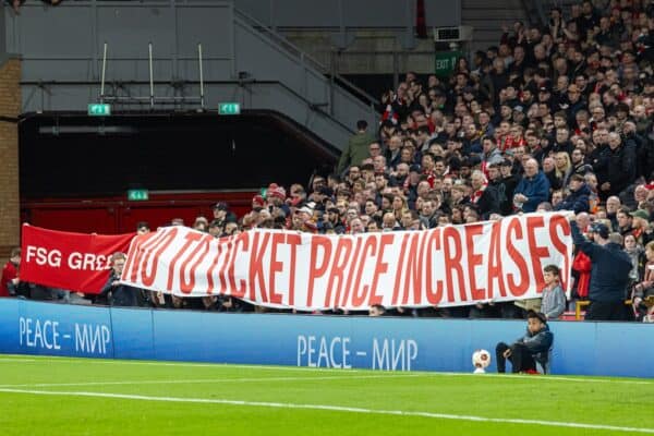 LIVERPOOL, ENGLAND - Thursday, April 11, 2024: Liverpool supporters' protest against Ticket Prices before the UEFA Europa League Quarter-Final 1st Leg match between Liverpool FC and BC Atalanta at Anfield. (Photo by David Rawcliffe/Propaganda)