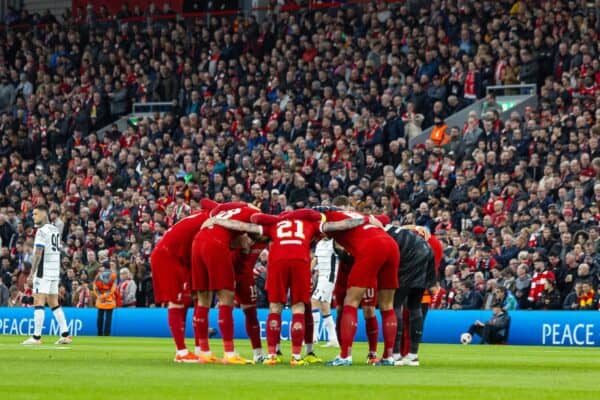 LIVERPOOL, ENGLAND - Thursday, April 11, 2024: Liverpool players form a pre-match huddle before the UEFA Europa League Quarter-Final 1st Leg match between Liverpool FC and BC Atalanta at Anfield. (Photo by David Rawcliffe/Propaganda)