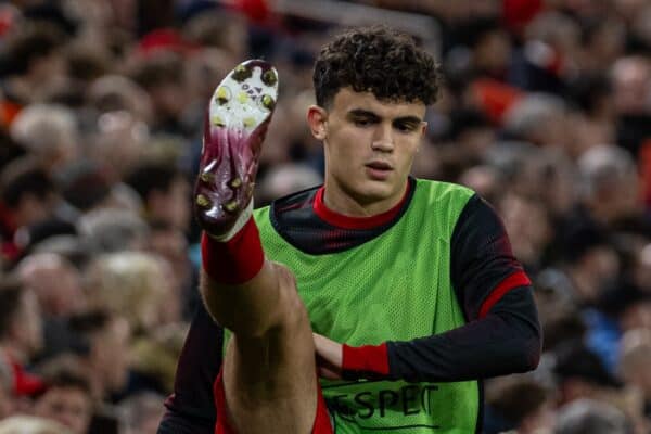 LIVERPOOL, ENGLAND - Thursday, April 11, 2024: Liverpool's Stefan Bajcetic warms-up during the UEFA Europa League Quarter-Final 1st Leg match between Liverpool FC and BC Atalanta at Anfield. (Photo by David Rawcliffe/Propaganda)