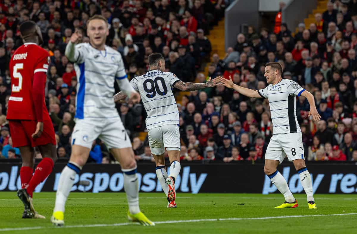 LIVERPOOL, ENGLAND - Thursday, April 11, 2024: Atalanta's Gianluca Scamacca (#90) celebrates after scoring the first goal with team-mate Mario Pašali? during the UEFA Europa League Quarter-Final 1st Leg match between Liverpool FC and BC Atalanta at Anfield. (Photo by David Rawcliffe/Propaganda)