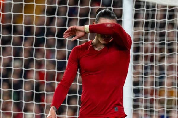 LIVERPOOL, ENGLAND - Thursday, April 11, 2024: Liverpool's Darwin Núñez walks off the pitch as he is substituted during the UEFA Europa League Quarter-Final 1st Leg match between Liverpool FC and BC Atalanta at Anfield. (Photo by David Rawcliffe/Propaganda)