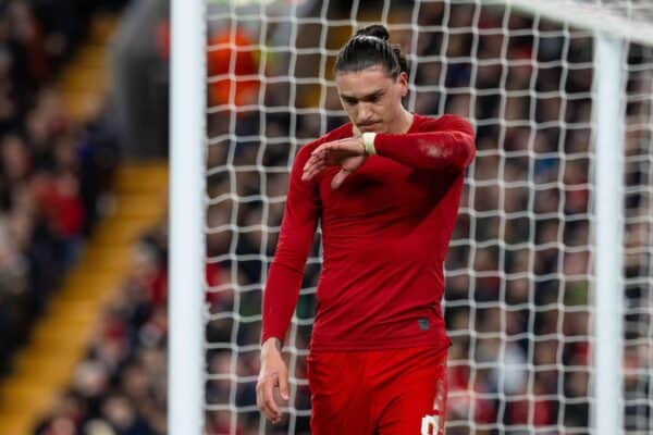 LIVERPOOL, ENGLAND - Thursday, April 11, 2024: Liverpool's Darwin Núñez walks off the pitch as he is substituted during the UEFA Europa League Quarter-Final 1st Leg match between Liverpool FC and BC Atalanta at Anfield. (Photo by David Rawcliffe/Propaganda)