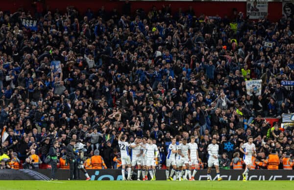 LIVERPOOL, ENGLAND - Thursday, April 11, 2024: Atalanta celebrate their side's second goal during the UEFA Europa League Quarter-Final 1st Leg match between Liverpool FC and BC Atalanta at Anfield. (Photo by David Rawcliffe/Propaganda)