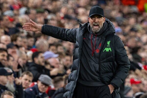 LIVERPOOL, ENGLAND - Thursday, April 11, 2024: Liverpool's manager Jürgen Klopp attempts to gee up the crowd during the UEFA Europa League Quarter-Final 1st Leg match between Liverpool FC and BC Atalanta at Anfield. (Photo by David Rawcliffe/Propaganda)