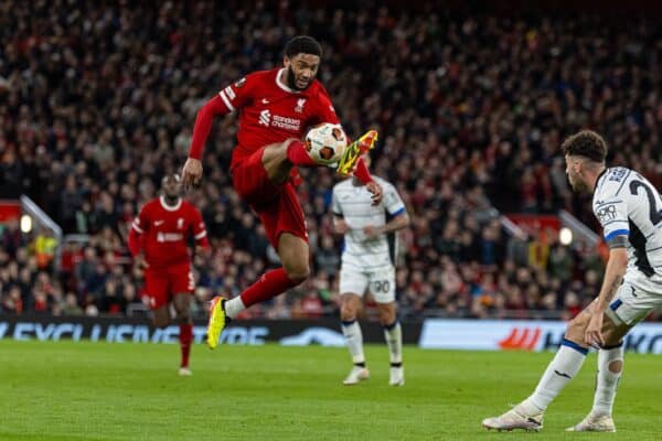 LIVERPOOL, ENGLAND - Thursday, April 11, 2024: Liverpool's Joe Gomez during the UEFA Europa League Quarter-Final 1st Leg match between Liverpool FC and BC Atalanta at Anfield. (Photo by David Rawcliffe/Propaganda)