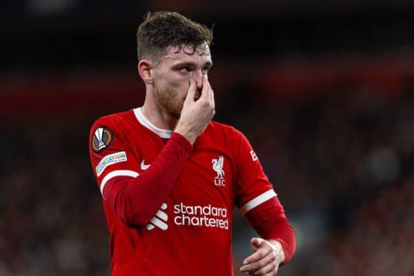 LIVERPOOL, ENGLAND - Thursday, April 11, 2024: Liverpool's Andy Robertson during the UEFA Europa League Quarter-Final 1st Leg match between Liverpool FC and BC Atalanta at Anfield. (Photo by David Rawcliffe/Propaganda)