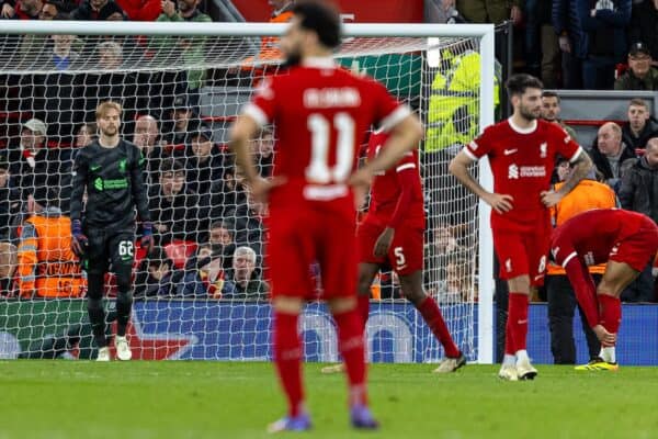 LIVERPOOL, ENGLAND - Thursday, April 11, 2024: Liverpool's goalkeeper Caoimhin Kelleher looks dejected as Atalanta score the third goal during the UEFA Europa League Quarter-Final 1st Leg match between Liverpool FC and BC Atalanta at Anfield. (Photo by David Rawcliffe/Propaganda)