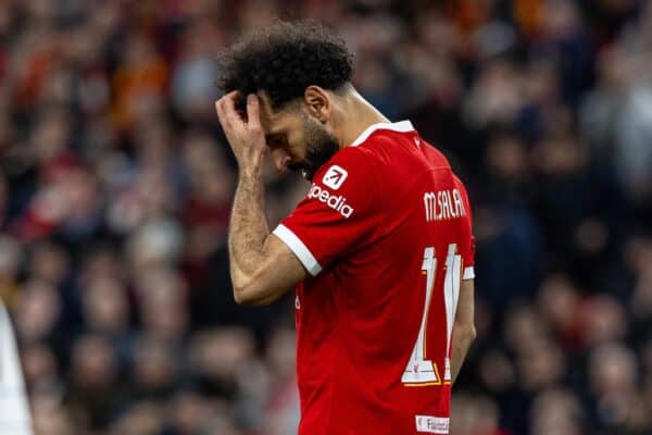 LIVERPOOL, ENGLAND - Thursday, April 11, 2024: Liverpool's Mohamed Salah looks dejected as his goal is ruled out for off-side during the UEFA Europa League Quarter-Final 1st Leg match between Liverpool FC and BC Atalanta at Anfield. (Photo by David Rawcliffe/Propaganda)