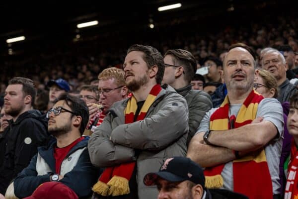 LIVERPOOL, ENGLAND - Thursday, April 11, 2024: Liverpool supporters during the UEFA Europa League Quarter-Final 1st Leg match between Liverpool FC and BC Atalanta at Anfield. (Photo by David Rawcliffe/Propaganda)