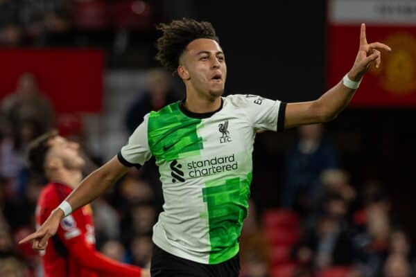 LONDON, ENGLAND - Friday, February 25, 2022: Liverpool's Kaide Gordon celebrates after scoring the second goal during the Premier League 2 Division 1 match between Arsenal FC Under-23's and Liverpool FC Under-23's at Meadow Park. (Pic by David Rawcliffe/Propaganda)