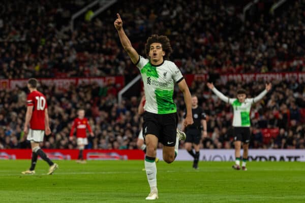 LONDON, ENGLAND - Friday, February 25, 2022: Liverpool's Jayden Danns celebrates after scoring the third goal during the Premier League 2 Division 1 match between Arsenal FC Under-23's and Liverpool FC Under-23's at Meadow Park. (Pic by David Rawcliffe/Propaganda)