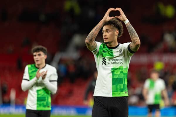MANCHESTER, ENGLAND - Friday, April 12, 2024: Liverpool's Rhys Williams celebrates after during the Premier League 2 Division 1 match between Manchester United FC Under-21's and Liverpool FC Under-21's at Old Trafford. Liverpool won 3-0. (Photo by David Rawcliffe/Propaganda)