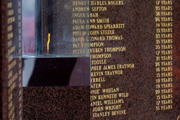 LIVERPOOL, ENGLAND - Sunday, April 14, 2024: The Hillsborough Memorial, an eternal flame with the names of the 97 victims of the Hillsborough Stadium Disaster etched into marble, seen before the FA Premier League match between Liverpool FC and Crystal Palace FC at Anfield. (Photo by David Rawcliffe/Propaganda)