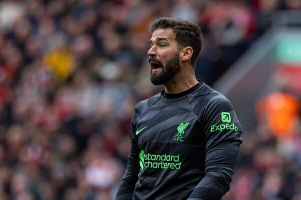 LIVERPOOL, ENGLAND - Sunday, April 14, 2024: Liverpool's goalkeeper Alisson Becker during the FA Premier League match between Liverpool FC and Crystal Palace FC at Anfield. (Photo by David Rawcliffe/Propaganda)
