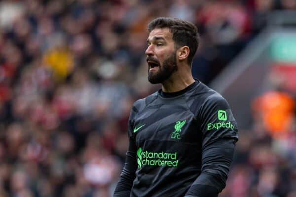 LIVERPOOL, ENGLAND - Sunday, April 14, 2024: Liverpool's goalkeeper Alisson Becker during the FA Premier League match between Liverpool FC and Crystal Palace FC at Anfield. (Photo by David Rawcliffe/Propaganda)