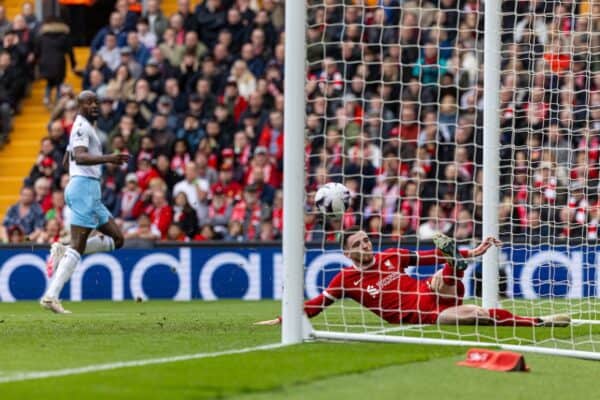 LIVERPOOL, ENGLAND - Sunday, April 14, 2024: Liverpool's Andy Robertson clears the ball off the goal-line during the FA Premier League match between Liverpool FC and Crystal Palace FC at Anfield. (Photo by David Rawcliffe/Propaganda)