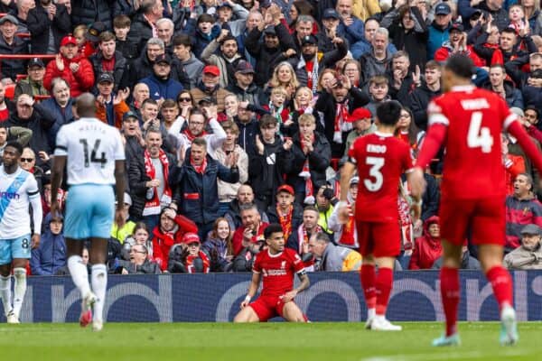 LIVERPOOL, ENGLAND - Sunday, April 14, 2024: Liverpool's Luis Díaz reacts after missing a chance during the FA Premier League match between Liverpool FC and Crystal Palace FC at Anfield. (Photo by David Rawcliffe/Propaganda)