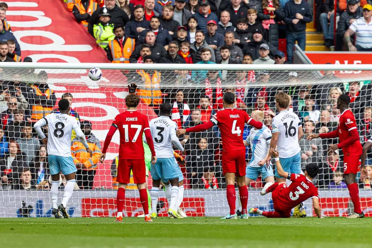 LIVERPOOL, ENGLAND - Sunday, April 14, 2024: Liverpool's Wataru Endo (#3) sees his shot hit the crossbar during the FA Premier League match between Liverpool FC and Crystal Palace FC at Anfield. (Photo by David Rawcliffe/Propaganda)