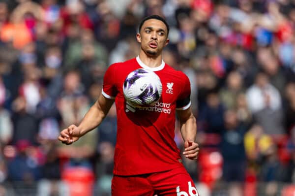 LIVERPOOL, ENGLAND - Sunday, April 14, 2024: Liverpool's Trent Alexander-Arnold during the FA Premier League match between Liverpool FC and Crystal Palace FC at Anfield. (Photo by David Rawcliffe/Propaganda)